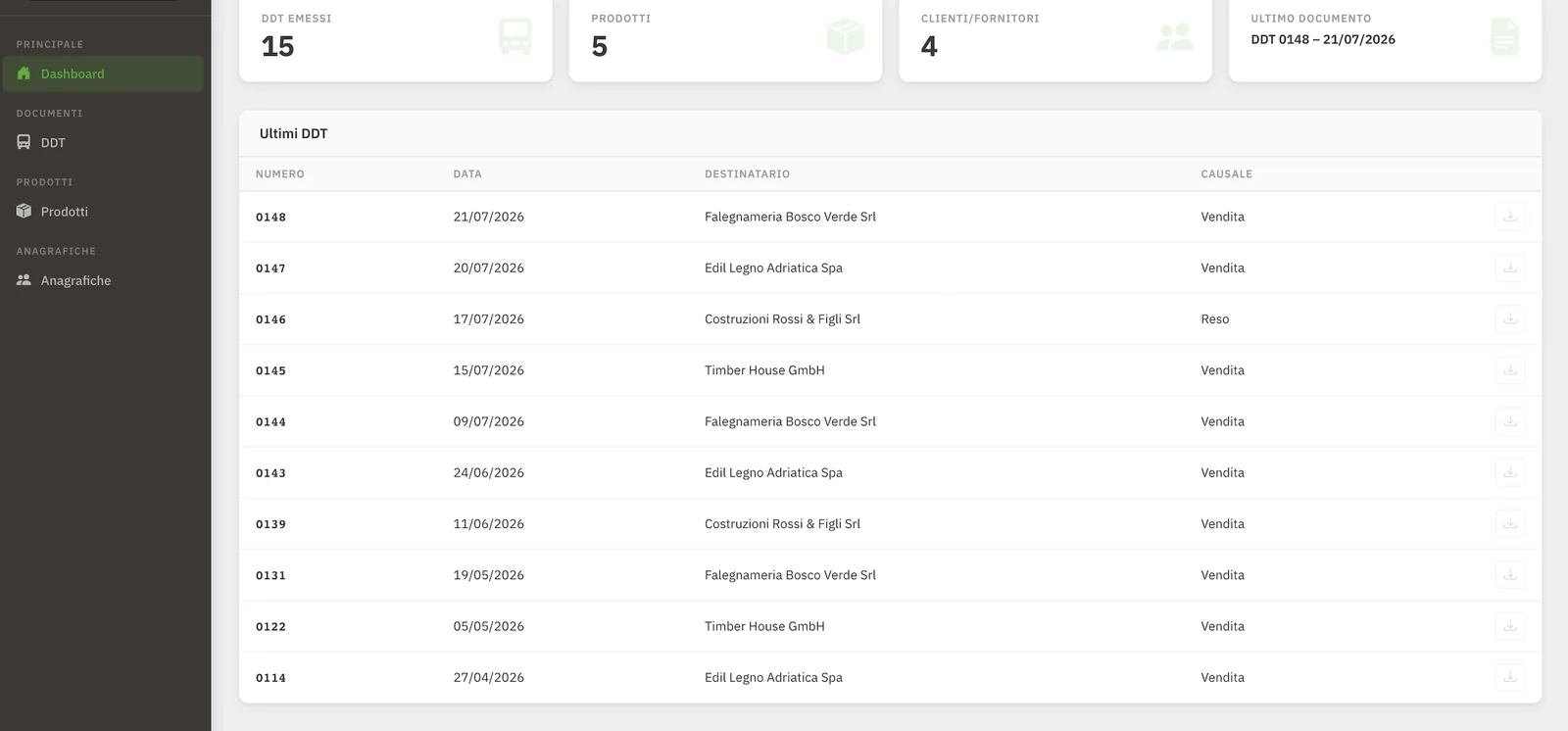 Screenshot del gestionale per anagrafiche, magazzino e DDT