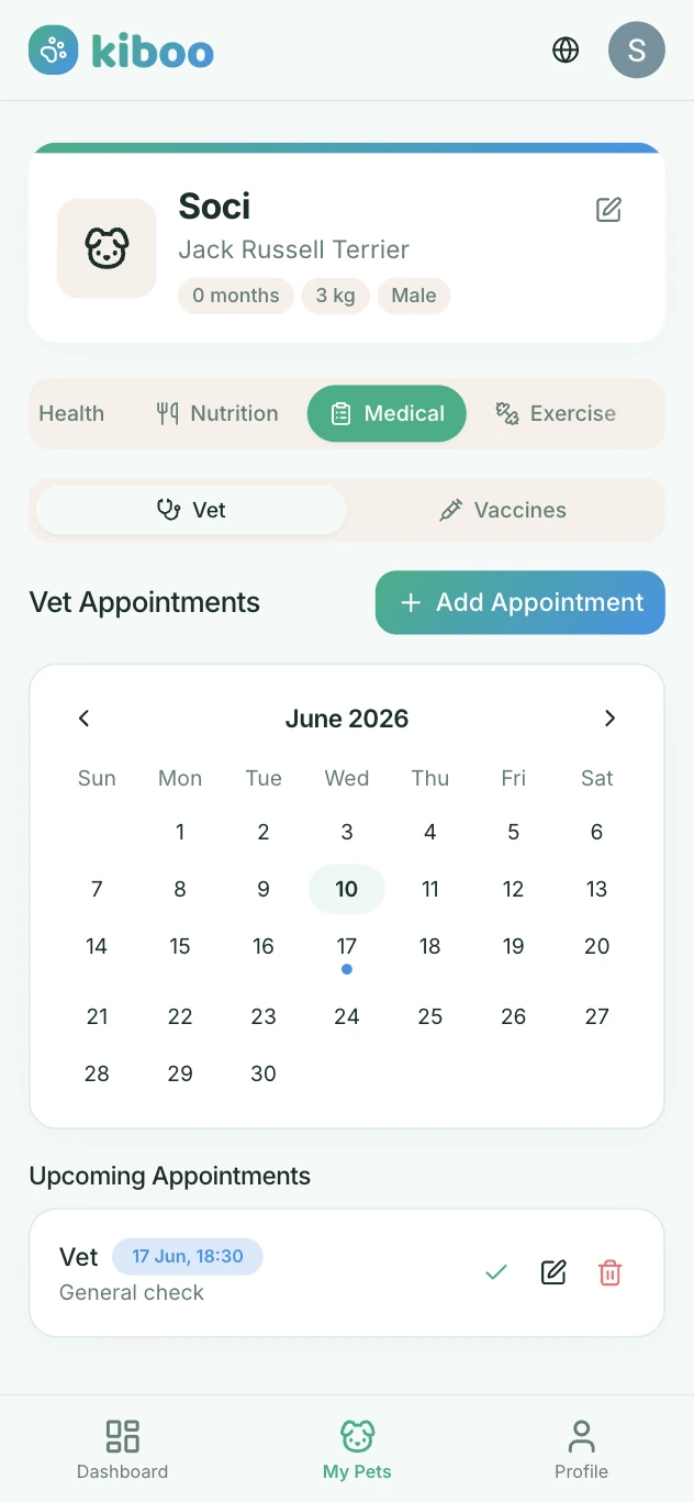 Screenshot della sezione appuntamenti veterinari dell'app di health score per animali